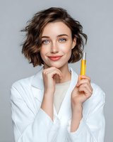 Young woman with short wavy hair in white lab coat holding yellow serum or oil sample against gray background for skincare or cosmetic product advertising.