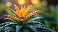 Macro shot of cannabis plant with morning dew drops glistening on leaves and flower bud, orange trichomes illuminated against blurred bokeh background in natural light.