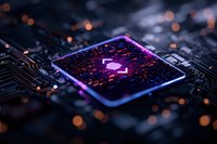 Glowing microprocessor with purple neon light on circuit board, close up view with bokeh effect showing advanced computing technology and digital innovation.