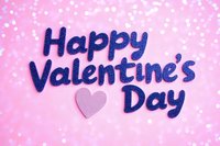 Happy Valentine's Day text in dark blue glitter letters with pink heart on soft pink background with bokeh light effects. Romantic holiday greeting design.