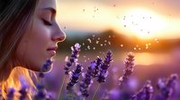 Young woman with closed eyes enjoying fragrant lavender field at golden sunset, peaceful mindful moment in nature with purple flowers and glowing light.