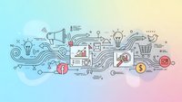 Digital marketing strategy concept with megaphone, analytics charts, light bulbs and social media icons on gradient background for business campaigns.