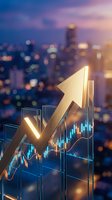 Golden arrow rising above glowing stock market charts with blurred city skyline at dusk, symbolizing financial growth and investment success.