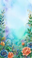 Watercolor floral frame with turquoise and purple gradient background, gold leaf botanical elements, and colorful roses. Isolated design for invitations, greeting cards, and social media graphics.