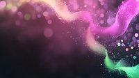 Magical flowing aurora-like waves in pink and mint green colors with sparkling particles and bokeh effects on dark background, creating dreamy atmosphere.