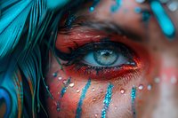 Extreme close-up of artistic makeup with turquoise and red colors, featuring dramatic eye detail, water droplets, and feather elements perfect for beauty and fashion editorials.