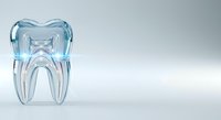 Transparent blue glass tooth model isolated on white background, suitable for dental education, healthcare presentations, and medical design projects.