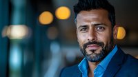Middle Eastern businessman with beard wearing blue suit jacket smiles confidently against blurred bokeh background, professional corporate headshot portrait.