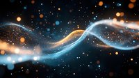 Glowing abstract waves with orange and blue light particles floating in dark space, magical energy flow with sparkles and bokeh effect creates cosmic atmosphere.