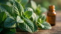 Fresh mint leaves on wooden surface with essential oil bottle in background for natural aromatherapy and herbal medicine applications.