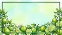 Watercolor lime fruits with green leaves and botanical elements arranged in border frame on soft pastel background, suitable for culinary designs and beverage packaging.