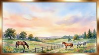 Horses grazing in pastoral countryside landscape with wooden fence, rolling hills, and golden sunset sky. Suitable for farm, ranch, equestrian, and nature wall art.