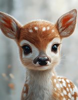 Young fawn with big eyes and spotted coat looking directly at camera against soft blurred background, digital art style illustration for children books.