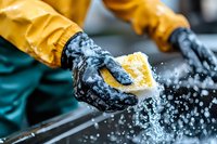 Person wearing protective rubber gloves cleaning surface with yellow sponge and soap foam, close up view of professional sanitation and disinfection process.