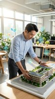 Asian male architect in light blue shirt examining sustainable building model with green leaf overlays in modern office with plants and natural light.