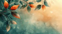Artistic autumn leaves with orange tips against teal and peach bokeh background, creating dreamy seasonal atmosphere for nature designs.