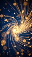 Golden light spiral with glowing particles and bokeh effects on dark blue background for digital art, technology concepts, and abstract designs.