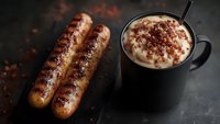 Grilled bratwurst sausages with frothy cappuccino coffee on dark surface, cozy breakfast or brunch meal setup for food photography and culinary content.