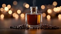 Square glass bottle with amber liquid surrounded by coffee beans on dark surface against warm bokeh lights background, luxury beverage photography.