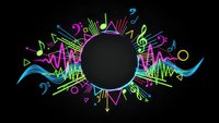Colorful musical notes and sound waves radiating from central black circle on dark background. Music visualization concept for audio projects and entertainment.