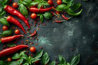 Fresh red chili peppers, cherry tomatoes and basil leaves arranged on dark textured background, perfect for menu design, cooking blog or spicy food concept. Copy space for text.