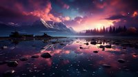Dramatic mountain lake landscape at sunset with pink clouds reflecting in still water, rocky shore and pine forest silhouettes against snowy peaks and starry sky.