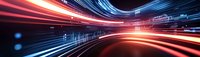 Abstract light trails in red and blue colors creating dynamic motion effect on dark background, futuristic technology concept for digital transformation.