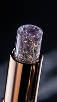 Luxurious cosmetic packaging with transparent crystal-like cap featuring delicate floral pattern, set against dark background. Rose gold metallic base creates elegant contrast.