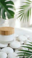 Cosmetic jar with wooden lid surrounded by white stones and green tropical plant leaves on white surface for skincare product display.