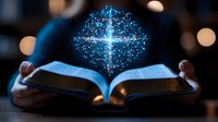 Glowing cross emerges from open bible pages with magical blue light effect and bokeh background, spiritual enlightenment concept for religious designs.