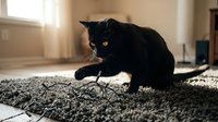 Black cat crouching on gray carpet in sunlit room, alert expression with yellow eyes, domestic pet in home interior setting.
