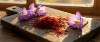 Saffron threads with purple crocus flowers on rustic wooden board in warm sunlight for culinary spice cooking ingredient natural organic seasoning.