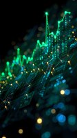Glowing green financial chart with network connections on dark background, featuring rising market data visualization and bokeh light effects.