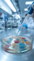 Laboratory scientist using pipette to study colorful bacterial colonies in petri dish for microbiological research and medical testing in modern lab facility.