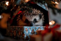 Adorable hedgehog peeking through autumn leaves and fairy lights creating magical cozy atmosphere for seasonal holiday decorations and greeting cards.