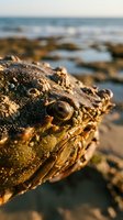 Close-up of textured fish head with prominent eye on rocky coastline during golden hour sunset light creating warm atmospheric marine wildlife scene.
