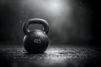 Heavy kettlebell on wet ground with water droplets in dramatic lighting, symbolizing strength training and fitness challenges in adverse conditions.