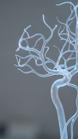 Abstract blue glowing neural network pathways branching like tree roots on gray background for medical science technology presentations.