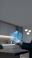 Businessman holding glowing holographic cursor and compass symbols, representing digital navigation, web direction, and online business strategy in modern office environment.