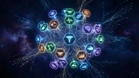Digital cryptocurrency network with glowing hexagonal blockchain icons connected by energy lines against cosmic space background for fintech presentations.
