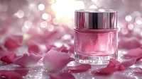 Pink luxury cosmetic cream jar surrounded by rose petals on glittery surface with soft bokeh lights creating romantic spa atmosphere for beauty product photography.