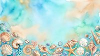 Watercolor beach border with seashells, starfish, and coral on a soft turquoise and sandy background, perfect for summer cards and invitations.