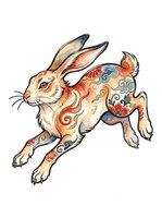 Leaping rabbit with colorful floral and swirl patterns in Asian watercolor style, isolated on transparent background, ready for stickers, t-shirt design, and print on demand.