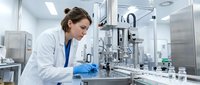 Female scientist in white lab coat and blue gloves working with pharmaceutical equipment in sterile laboratory environment, conducting research and quality control testing.