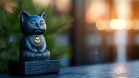 Smiling lucky cat figurine in blue ceramic on wooden surface with soft bokeh background and green plant elements. Asian feng shui decor for prosperity.