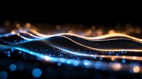 Abstract glowing wave of particles with blue and orange light trails flowing on black background, creating dynamic futuristic motion effect.