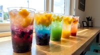Colorful layered bubble tea drinks with tapioca pearls arranged on wooden counter by window. Rainbow gradient beverages for cafe menu design.
