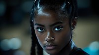 Young African American woman with striking blue eyes and braided hair in dramatic lighting for portrait photography and commercial projects.