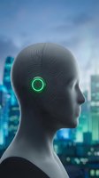 Futuristic humanoid head with glowing green circuit patterns and digital interface against modern city skyline backdrop for technology concepts.