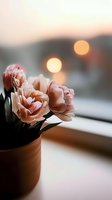 Delicate pink carnations in terracotta pot against window with soft bokeh sunset lights creating romantic atmosphere. Suitable for greeting cards and social media posts.